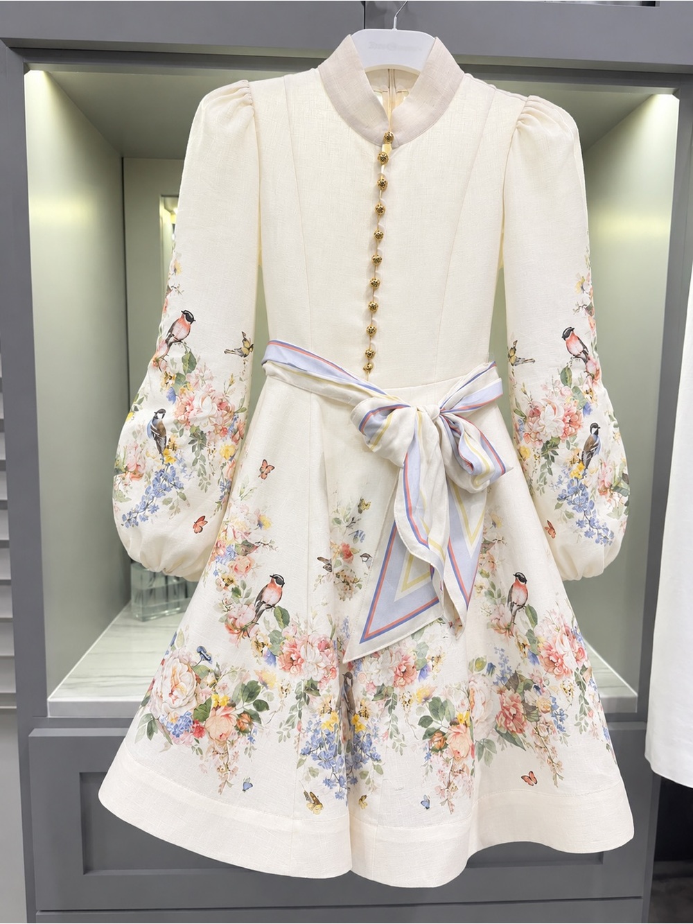 Zimmermann Cream Floral Bow-Waist Girls' Dress with Gold Buttons Size 0P